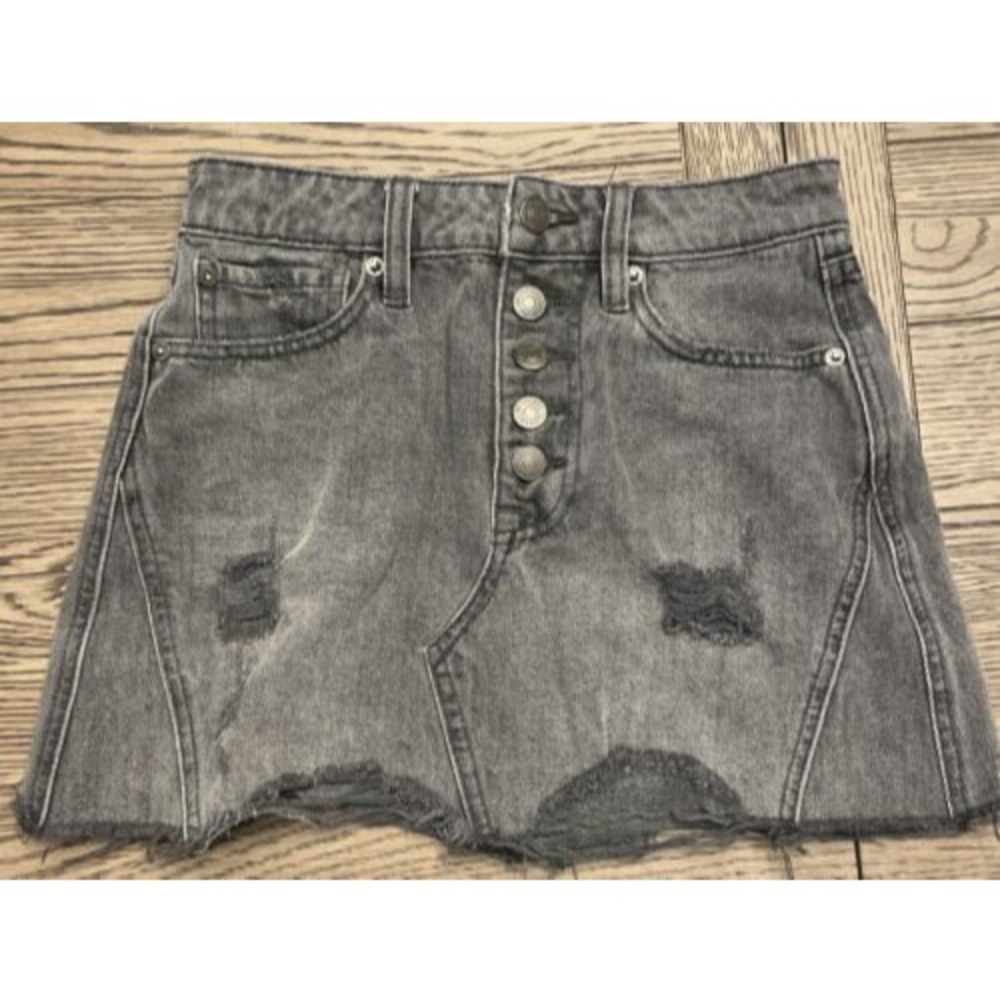 We The Free People Distressed Denim Blue Jean Skirt Button Fly Raw Hem 24